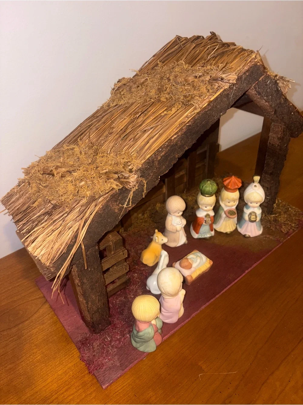 Vintage Christmas Wooden Nativity Set with Pastel Porcelain Figurines